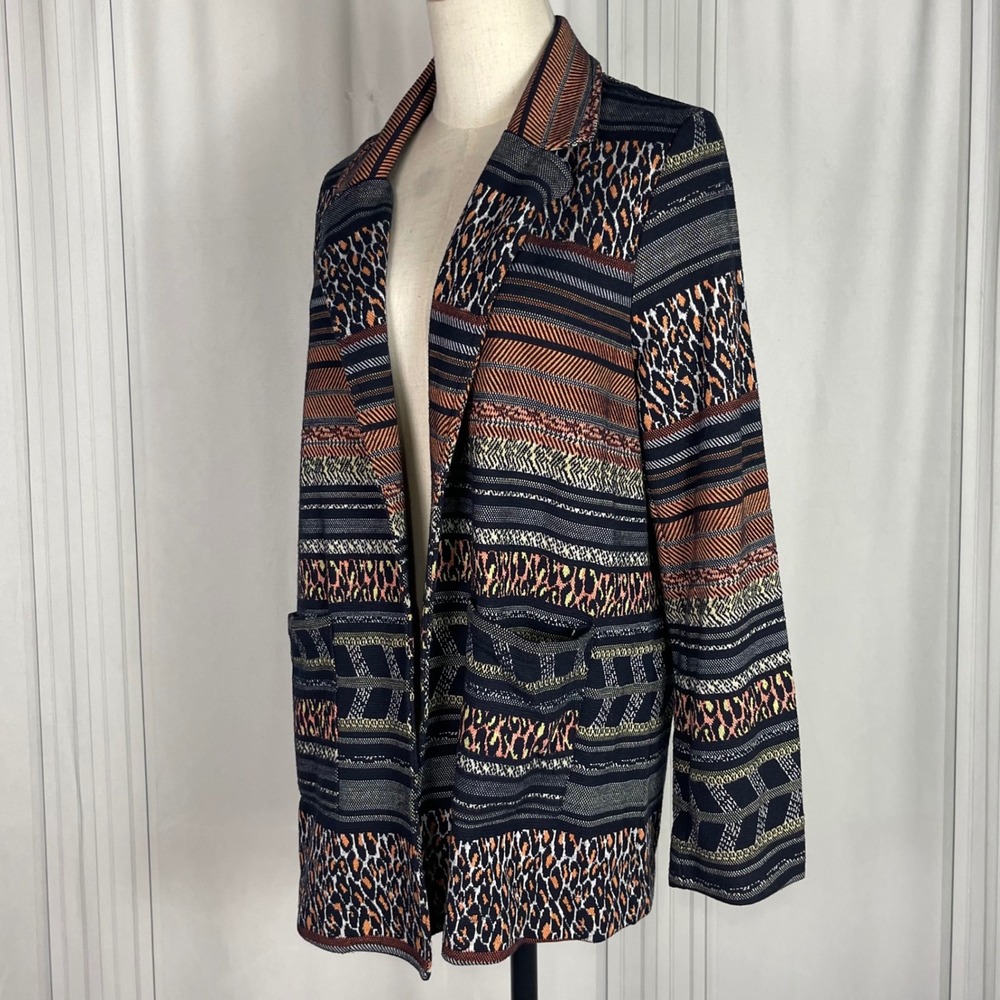 Travelsmith -‎ Animal Print Open Front Blazer - Navy/Coral/Yellow/White - Large